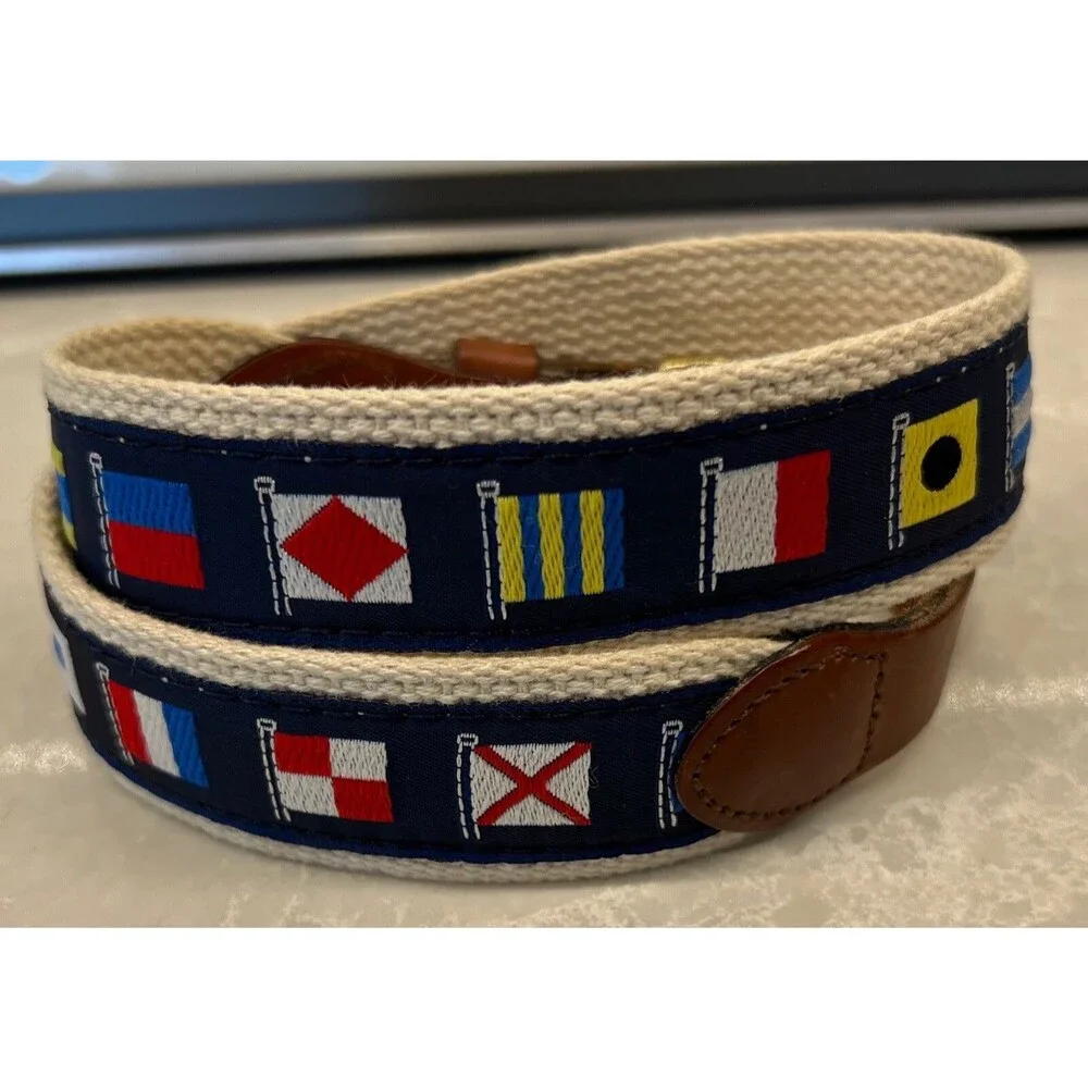 Leather Man Ltd Nautical Flags Belt Navy Canvas & Leather Essex CT Youth Size 24